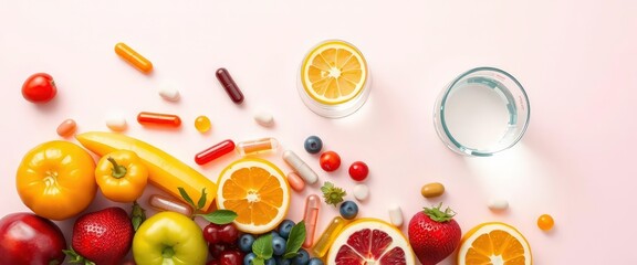 Vibrant flatlay of assorted vitamins, juicy fruits, and a glass of water on a bright background, berries, healthy lifestyle