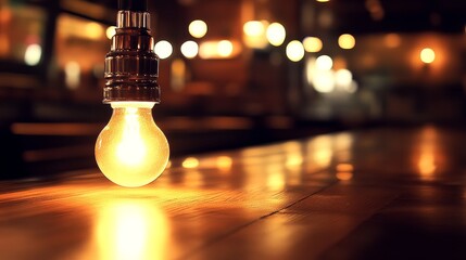 Illuminated light bulb suspended above polished wooden bar in a cozy, dimly lit bar setting