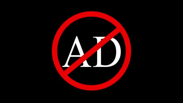 Warning Against Ads Symbol with Red Prohibition Sign Animation on Black Background