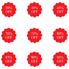set of discount labels red discount badges with percentage off labels in different values ranging from 40 to 95 percent promotional sale stickers