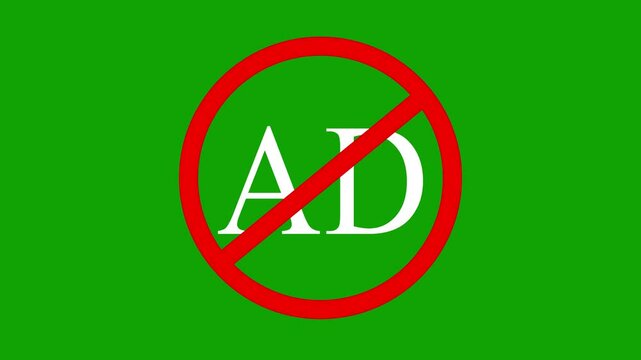Warning Against Ads Symbol with Red Prohibition Sign Animation on Green Background