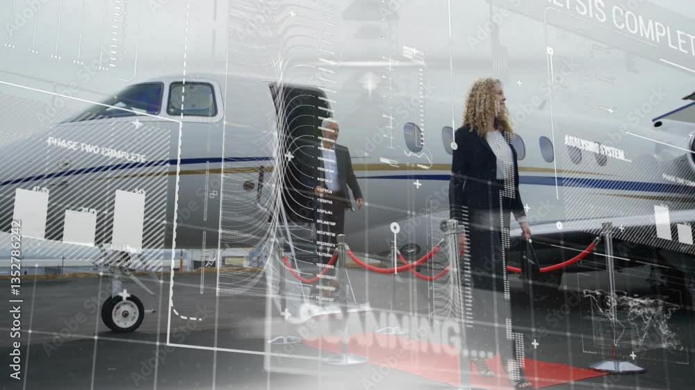 Poster business professionals exiting private jet with data processing animation overlay