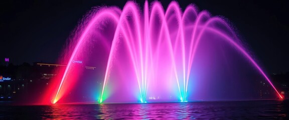 Vibrant jets of water arc in colorful nighttime illumination, park, powerful