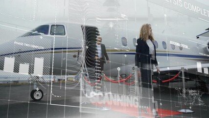 Business professionals exiting private jet with data processing animation overlay - Powered by Adobe