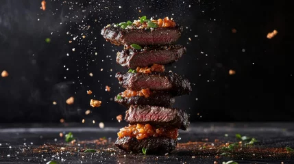 Stacked Grilled Steaks with Spices on Dark Background © Vader Stocker