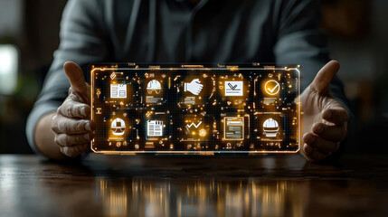 Digital technology visualization in a modern workspace showcasing various data icons and metrics at the hands of a professional