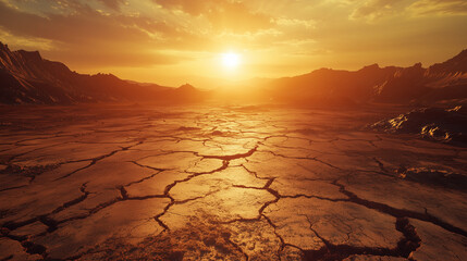 A cracked desert floor under a blazing sun, sunset in the desert, sunset over the desert, cracked earth in the desert, earth in the desert