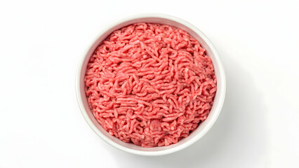Fresh Ground Meat in White Bowl on White Background