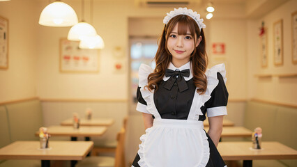 メイドカフェの制服姿で立つ若い女性