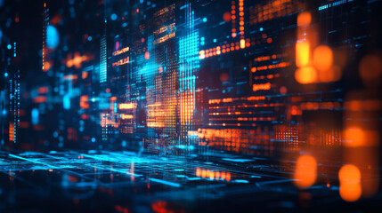 Digital cityscape with neon lights and flowing data streams at night showcasing advanced technology