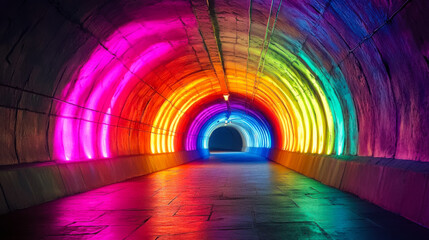 Colorful illuminated archway at night showcasing vibrant lights in a rainbow pattern