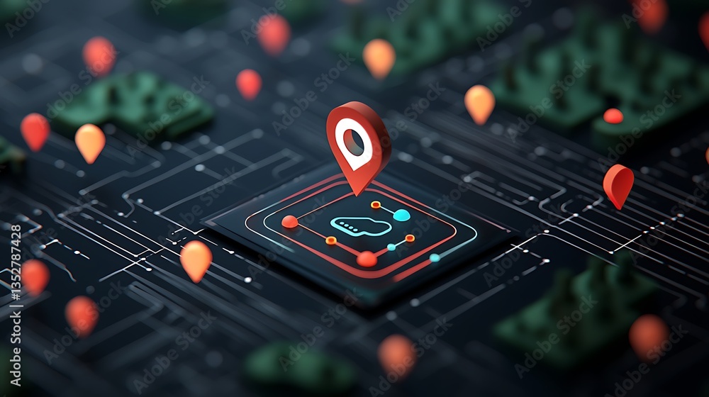 Poster Abstract Digital Map with Location Pins on Circuit Board