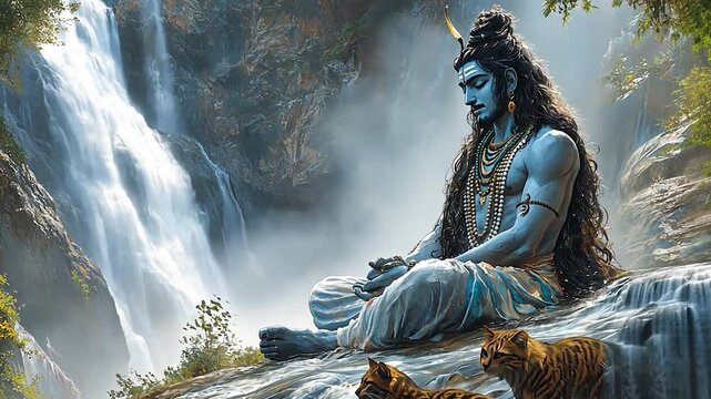 Serene blue deity meditating by a waterfall with tigers nearby
