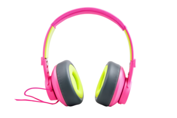 Vibrant pink and green over-ear headphones with neon accents, cut out