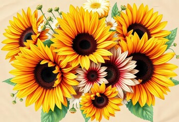 Obraz premium Vibrant watercolor sunflowers & daisies in a rustic kraft paper bouquet, orange, background