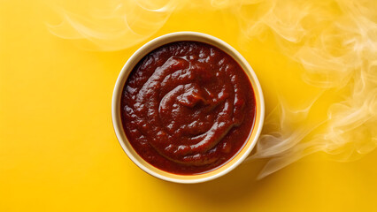 Spicy Red Sauce in a Bowl on Yellow Background,  Mexican Salsa Concept