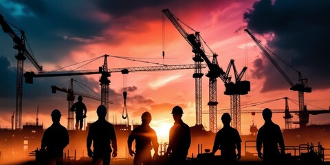 A dramatic and moody construction site at dusk, with multiple silhouettes of workers