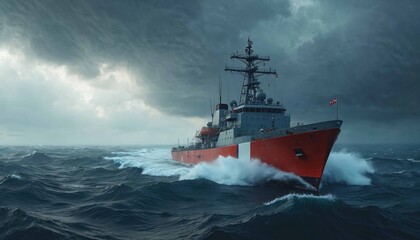 U. S. Coast Guard ship sails stormy ocean. Naval military vessel, transportation. Armada guards coast, patrolling waters. Sea rescue, maritime safety, marine service.
