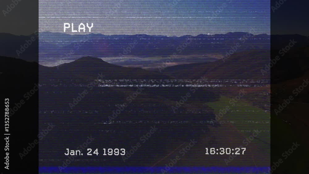 Poster vhs-style animation overlaying date and time on mountain landscape scene