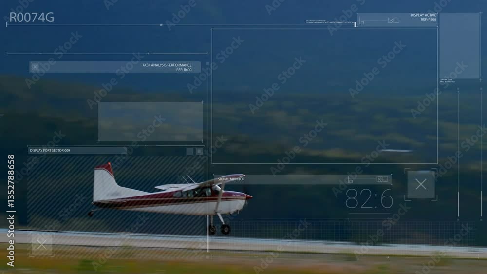 Poster animation of small airplane taking off with digital data overlay against mountains