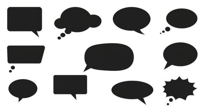 Collection of Simple Speech Bubbles - Set of various black speech bubble silhouettes isolated on white background, perfect for communication and dialogue concepts