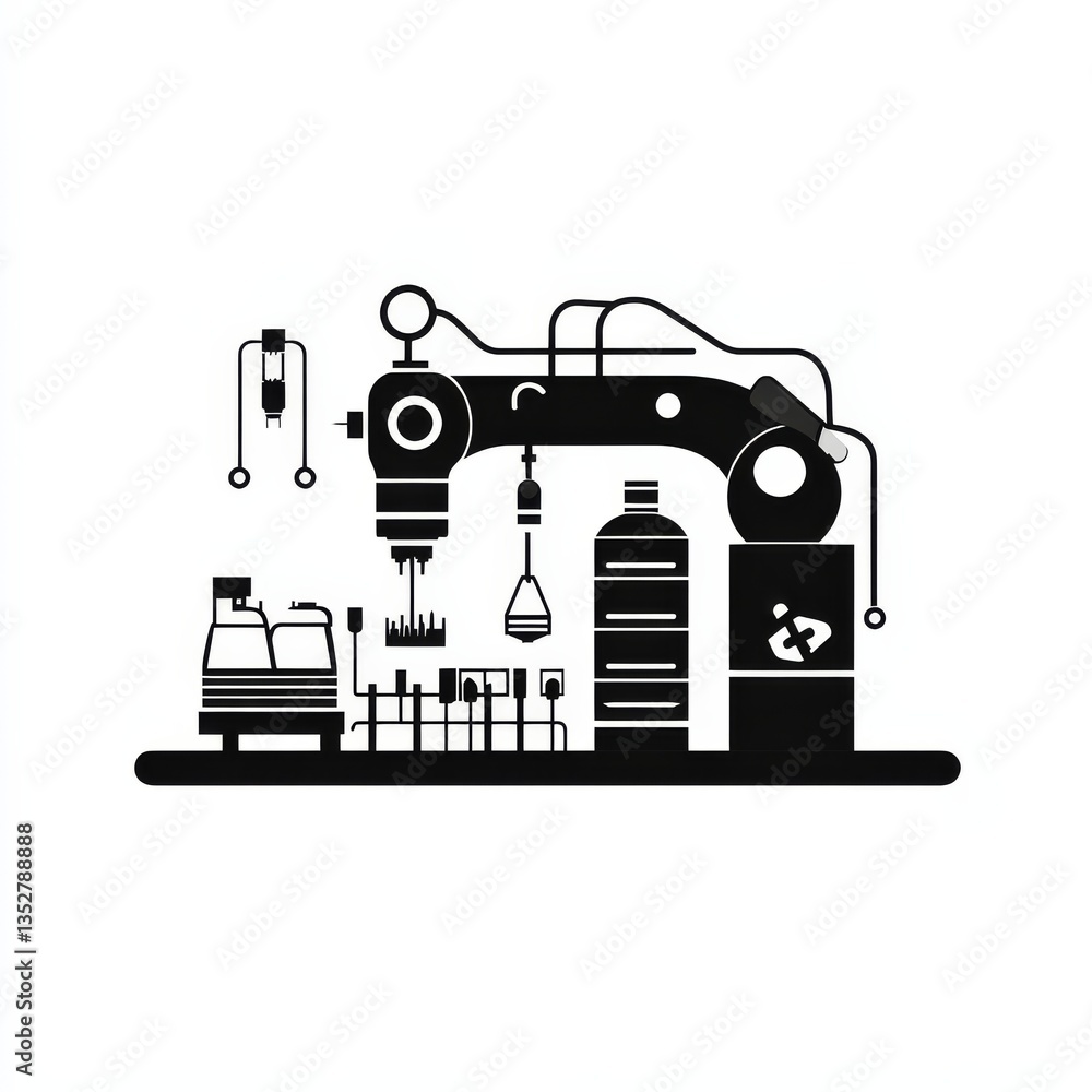 Poster futuristic assembly line: a stylized black and white illustration of an automated manufacturing proc