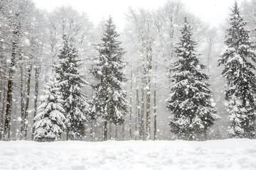 Snow Covered Trees And Falling Snowflakes In Winter Wonderland
