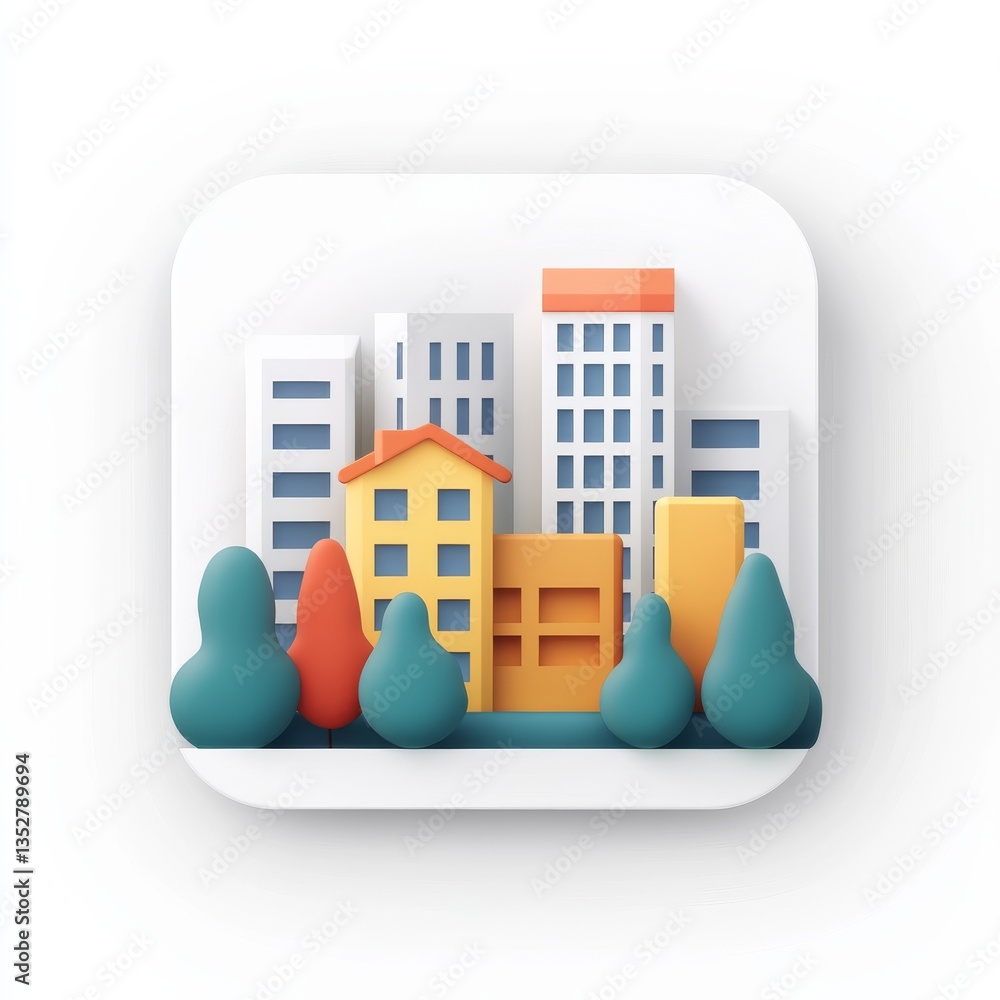 Poster minimalist cityscape illustration with 3d buildings and trees on a white rounded square background