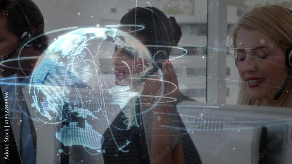 Poster global network animation over diverse customer service representatives at work