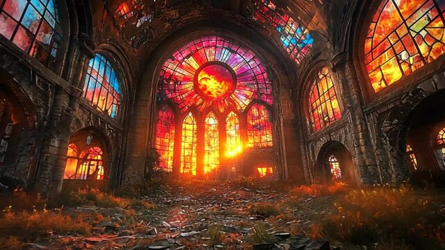 Abandoned church interior, stained glass window, sun rays, ruin, hope