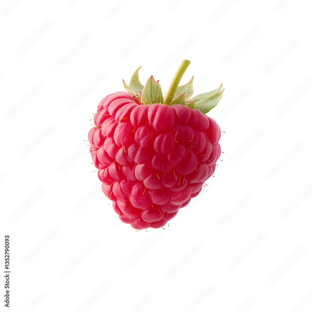Poster a vibrant, isolated raspberry showcasing its plump texture and rich red color. the tiny hairs add de
