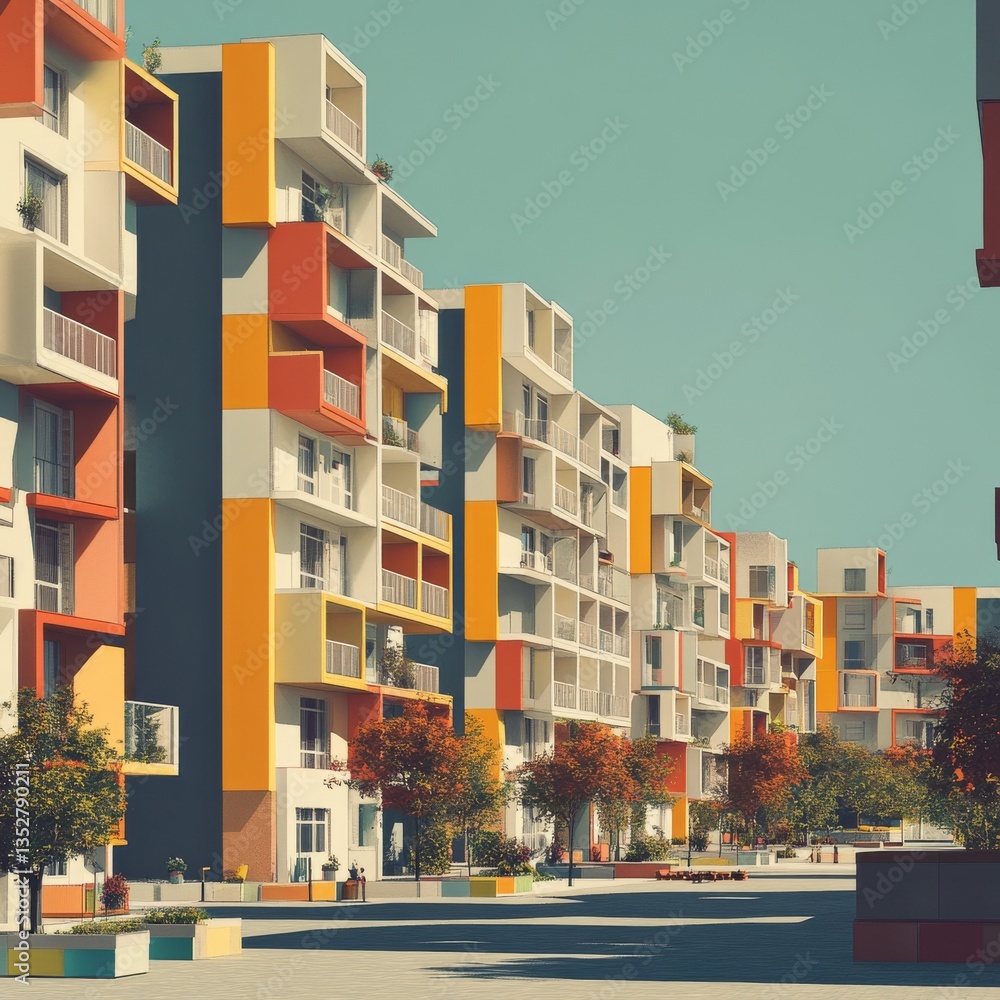 Poster modern colorful architecture: a vibrant apartment complex with balconies and autumn trees under a bl
