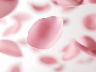 Pink flower petals softly floating against a white background with blur