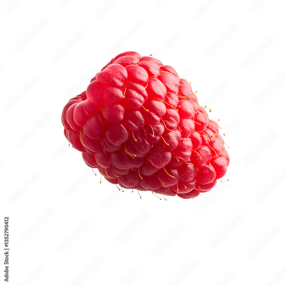 Poster a vibrant, isolated raspberry showcasing its plump texture and rich red color. the tiny hairs add de