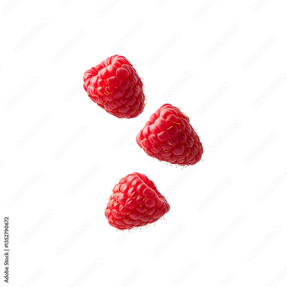 Poster a vibrant, isolated raspberry showcasing its plump texture and rich red color. the tiny hairs add de