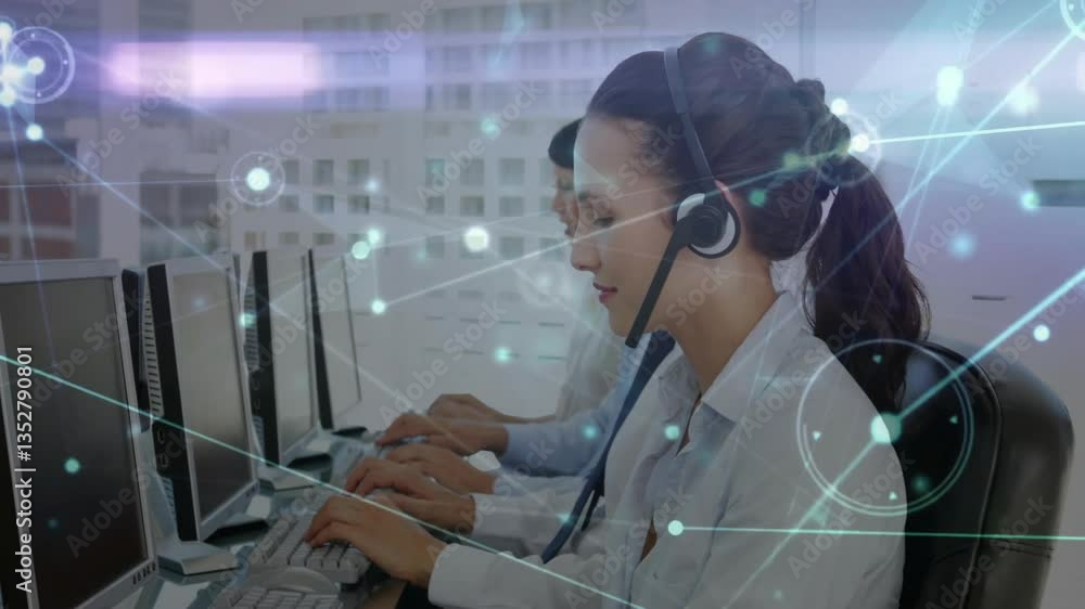 Poster working on computers, customer service representatives in office with animation overlay