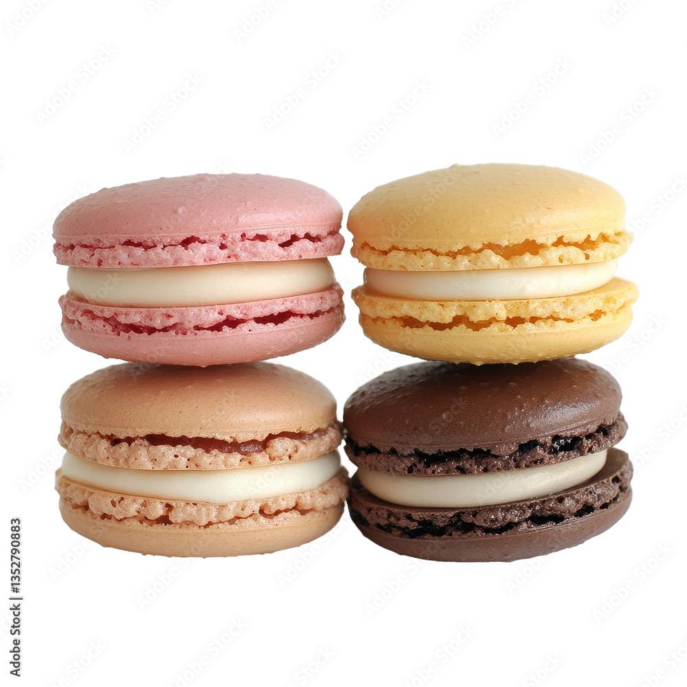 Poster delicious macarons stacked on a simple transparent background showcasing vibrant colors and smooth t
