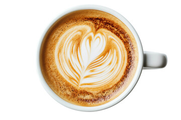 Top view of cappuccino coffee cup with heart latte art on white background, cut out