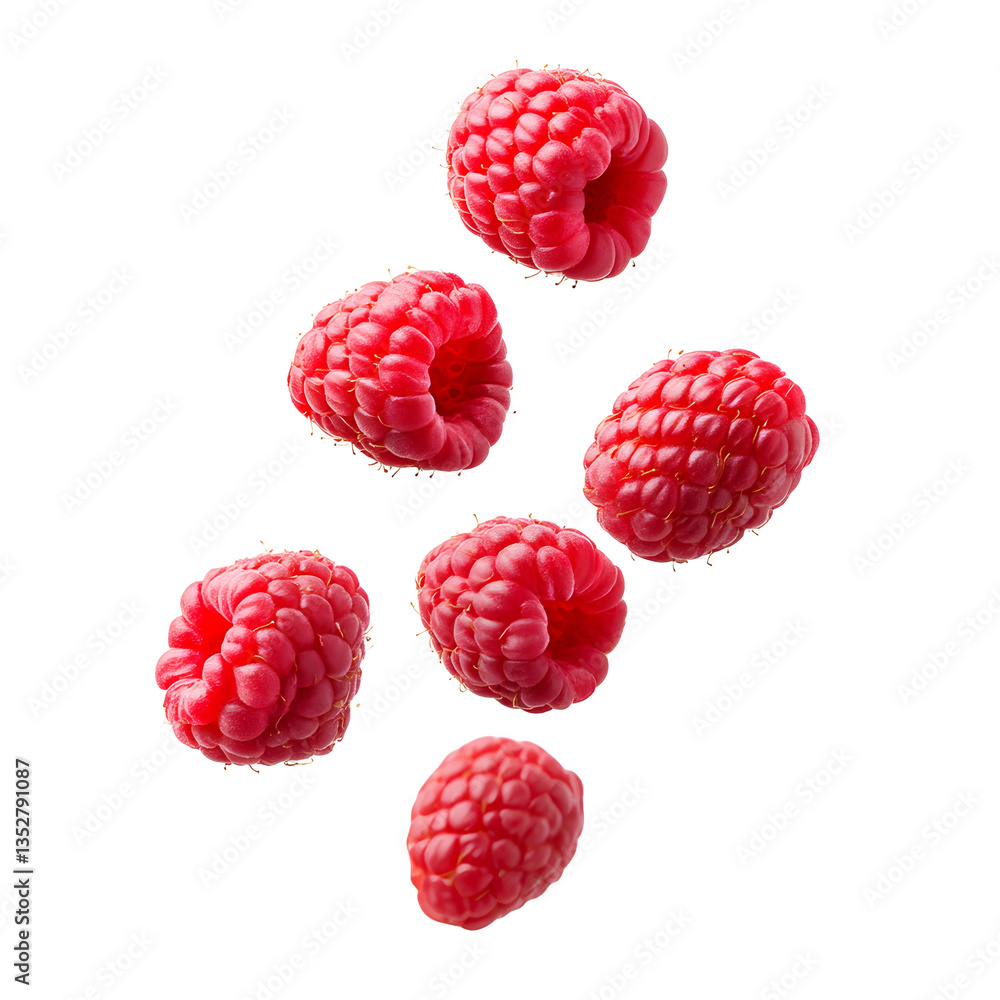 Poster a vibrant, isolated raspberry showcasing its plump texture and rich red color. the tiny hairs add de