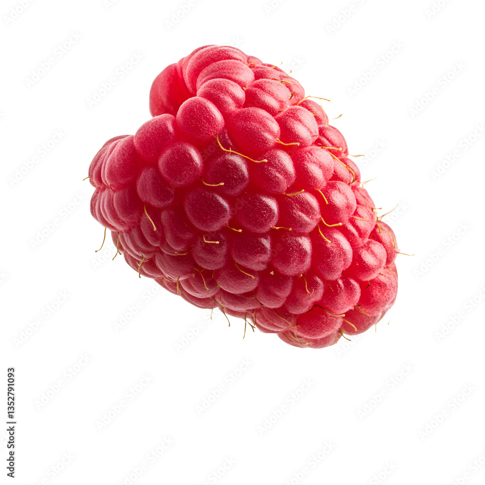Poster a vibrant, isolated raspberry showcasing its plump texture and rich red color. the tiny hairs add de