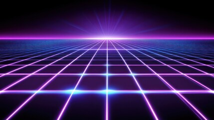 Neon Grid Horizon Futuristic Landscape with Glowing Lines and Radiant Light Effects for Retro