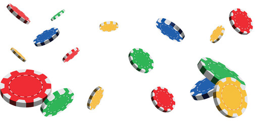 Isolated Casino chips flying around at different angles