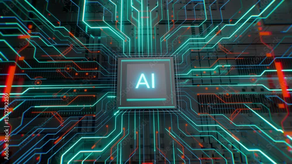 Poster artificial intelligence microchip on a circuit board. concept of ai, data processing, data flow, wri