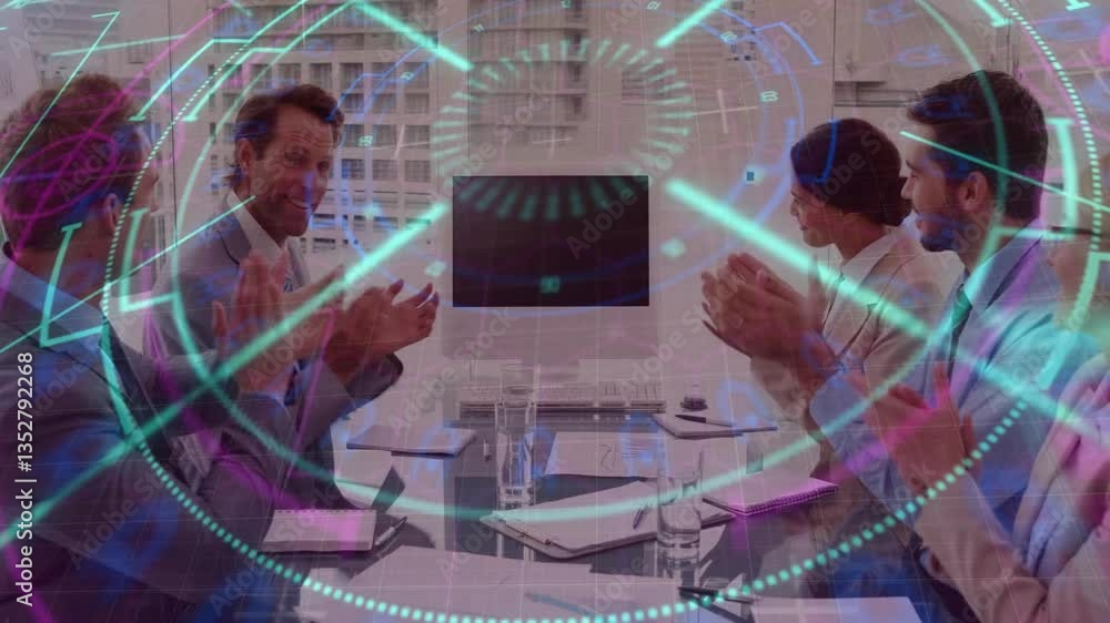 Poster business team clapping in office with digital interface animation overlay