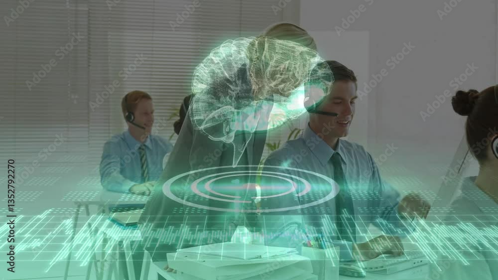 Poster business team in office with digital brain and data processing animation overlay