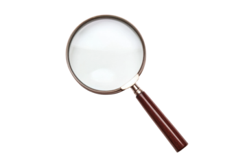 Wooden-handled magnifying glass on black background with metal frame, cut out