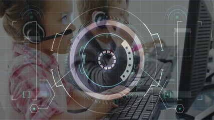 In school, children using computers with digital interface overlay in classroom - Powered by Adobe