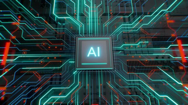 Artificial intelligence microchip on a circuit board. Concept of AI, data processing, data flow, write code, AI assistant, chat bot, generate images, neural network and artificial intelligence science