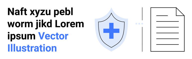 Text placeholder beside shield icon with medical cross and document illustration. Ideal for healthcare, protection, compliance, privacy, online safety, technology, simple landing page