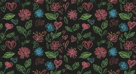 Chalkboard Floral Heart Pattern - Charming pattern featuring hand-drawn chalk flowers, hearts, and leaves on a black background. Perfect for fabric, paper, or designs